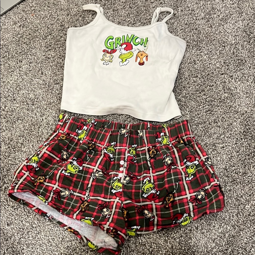 Grinch Graphic Tank and Plaid Shorts Set